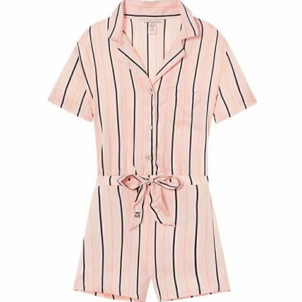 Pink Satin Pajamas Victorias Secret AFTERHOURS Shorts Romper striped Size small